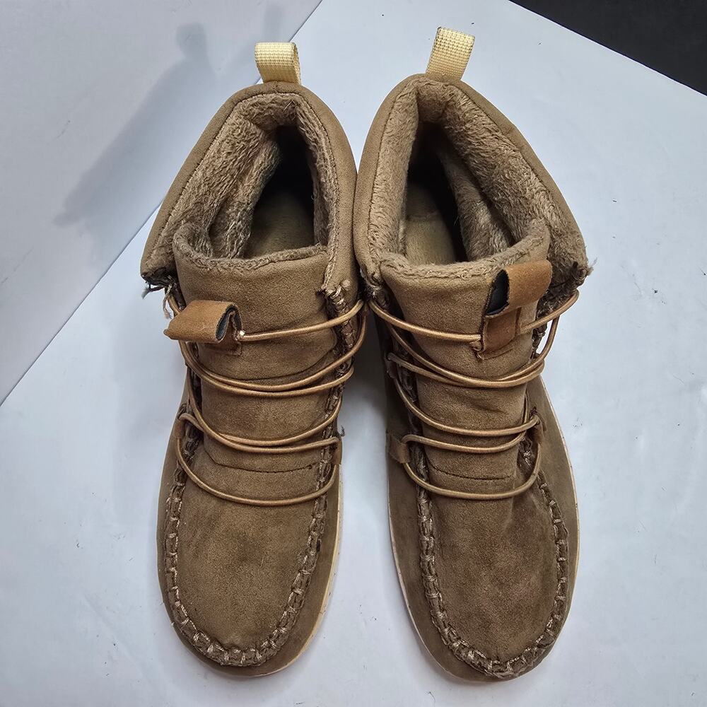 Tan Suede Moc Toe Ankle Boots Womens 6 6.5 Faux Fur Lined Bungee close